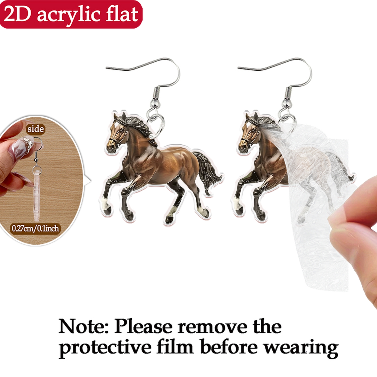 2D Flat Acrylic Horse-Patterned Earrings, Novel Accessory